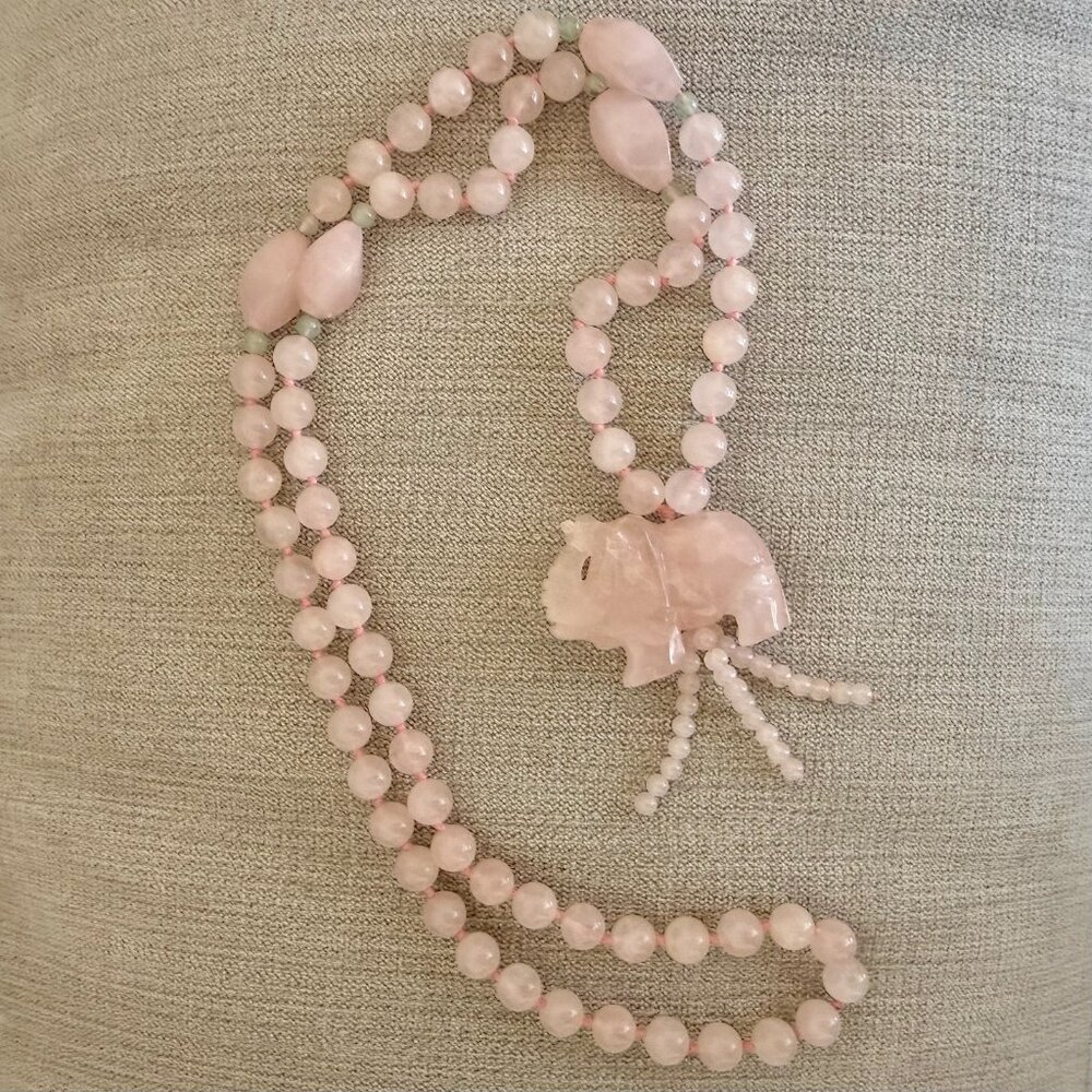 Rose Quartz Hand Knotted Beaded Necklace Elephant Pendant